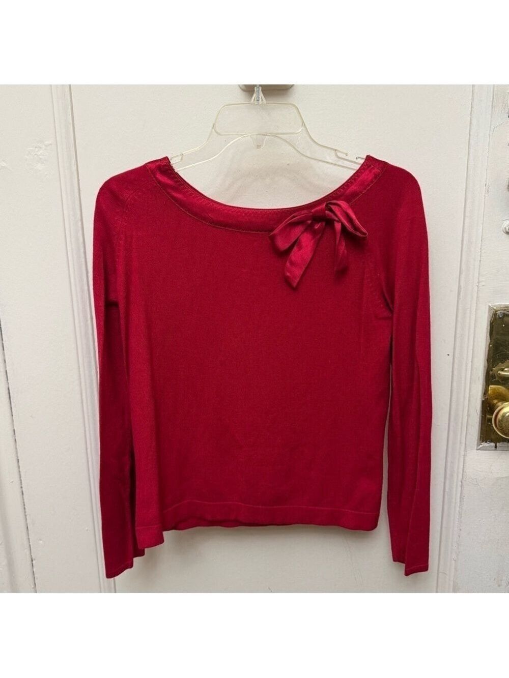 Vintage Y2K Red Knit Top With Satin Ribbon Bow & Trim Size PM